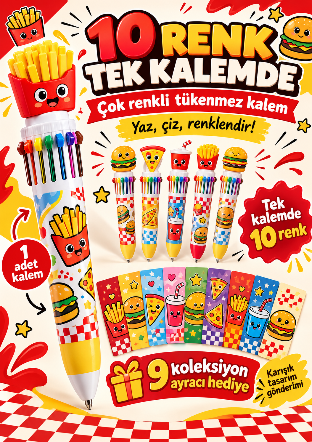 10 Renkli Hamburger Fastfood Tükenmez Kalem - Çoklu Tükenmez Kalem Multi Color